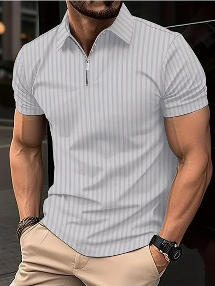 Camiseta Polo informal de negocios ligera de manga corta a la a rayas de verano para hombre, camiseta de manga corta de oficina elástica sólida con media cremallera