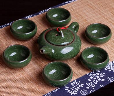 Chinese Kungfu Tea Sets Ice break Porcelain Tea Pot Tea Cups (7pcs) Tea Service Set: Green