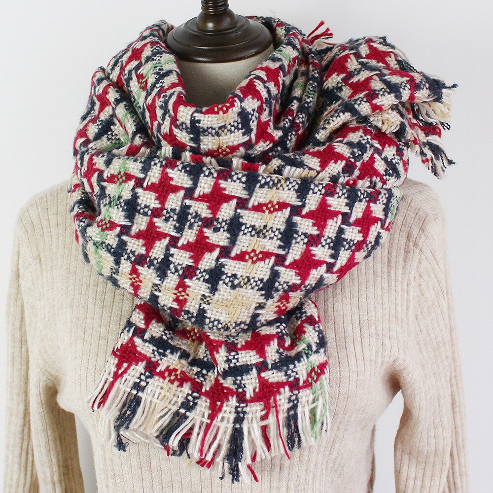 Rainbow Winter Plaid Scarf Women Thick Warm Shawls Wraps Lady Scarves Tassels Pashmina Blanket Houndstooth Foulard Red