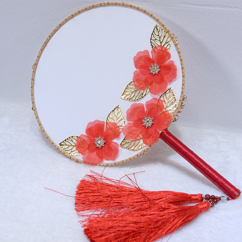 JaneVini ramo de boda de lujo chino ventilador de Granada oro flor Metal nupcial redondo abanico de mano rojo joyería boda Accesorios