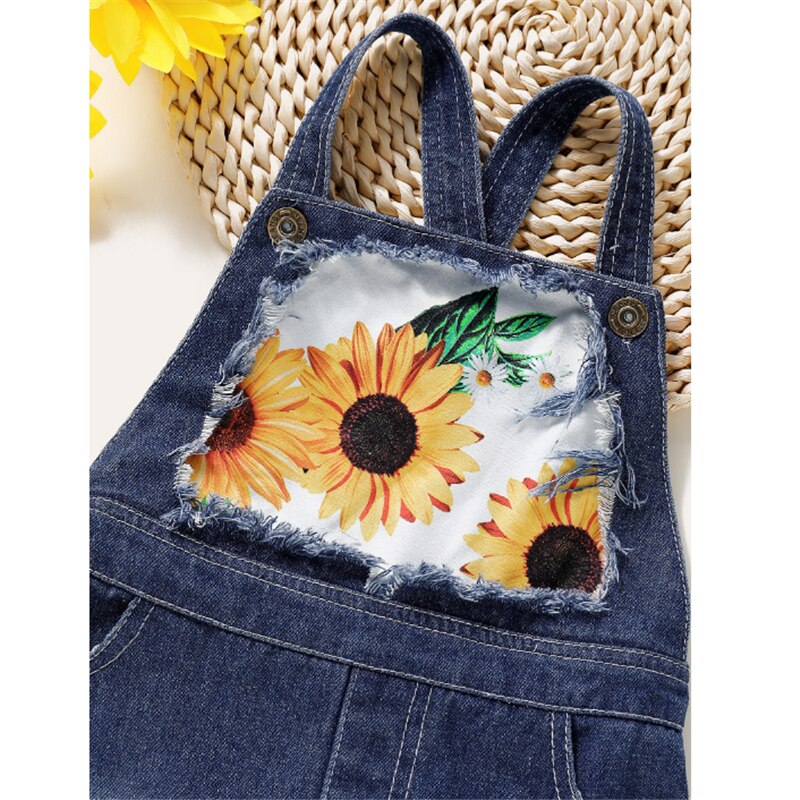 2-7Y Children Clothing Summer Kid Baby Girl Sunflower print Denim Overalls Sleeveless Strap Shorts Jumpsuit Outfit
