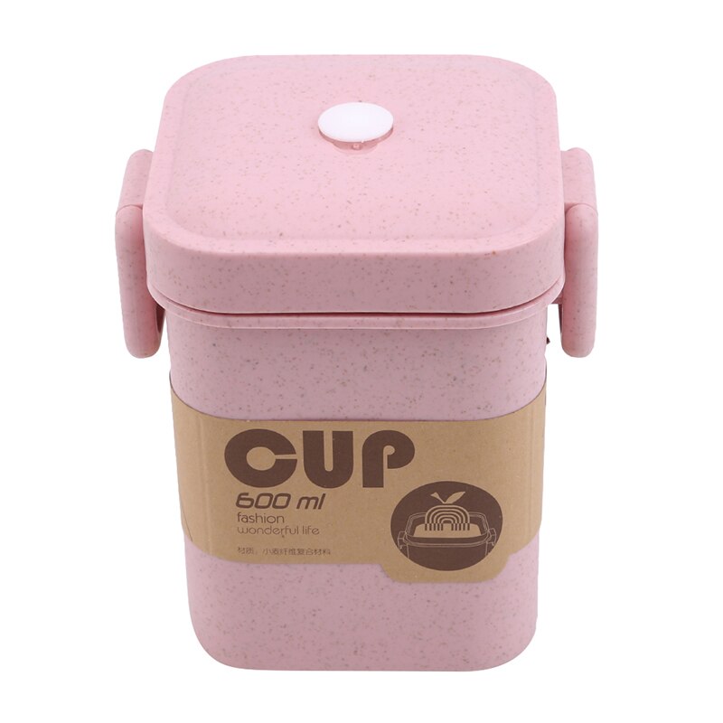 Taza de sopa de paja de trigo Multicolor Anti-escaldado microondas cuadrado hebilla sellada sopa tanque cocina vajilla: pink