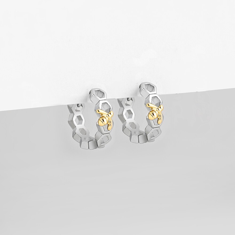 Goud &amp; Zilver Kleur Hollow Geometrische Honingraat Vorm Hoepel Oorbellen Voor Vrouwen Trendy Kleine Bee Oor Gesp Kralen Cz Earcuffs sieraden