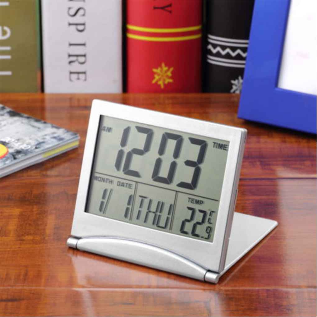 Mini Folding LCD Display Calendar Alarm Clock Desk Digital Temperature Weather Cover Flexible Desk Table Clock