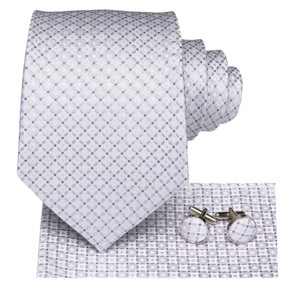 Wit Grijs Plaid Zijde Bruiloft Stropdas Voor Mannen Handky Manchetknoop Mens Stropdas Business Party Dropshiping Hi-tie