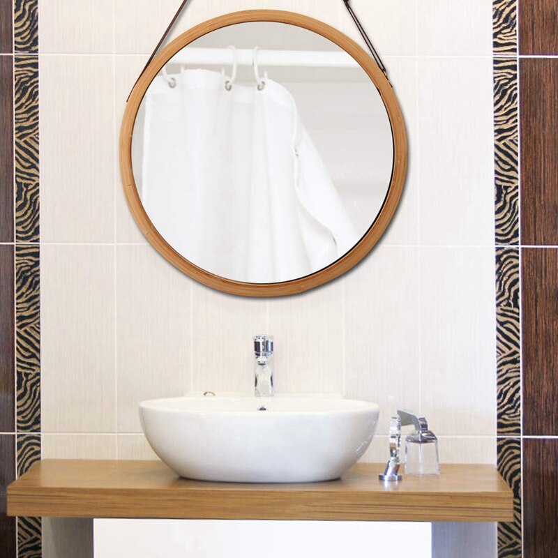 Hanging Round Wall Mirror in Bathroom & Bedroom - Solid Bamboo Frame & Adjustable Leather Strap