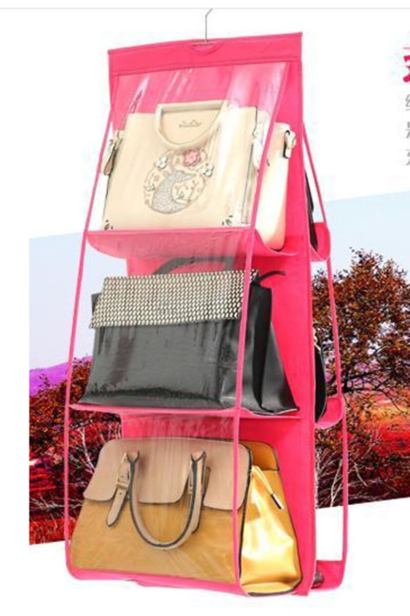 6 Pocket Foldable Hanging Bag 3 Layers Folding Shelf Bag Purse Handbag Organizer Door Sundry Pocket Hanger Storage Closet Hanger: Red