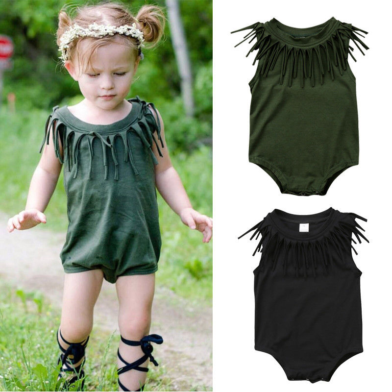 Baby Meisjes Jongen Leuke Mouwloze Peuter Zwart Groen Kwastje Kleding Jumpsuit Bodysuit Casual Novelty Zomer Outfits