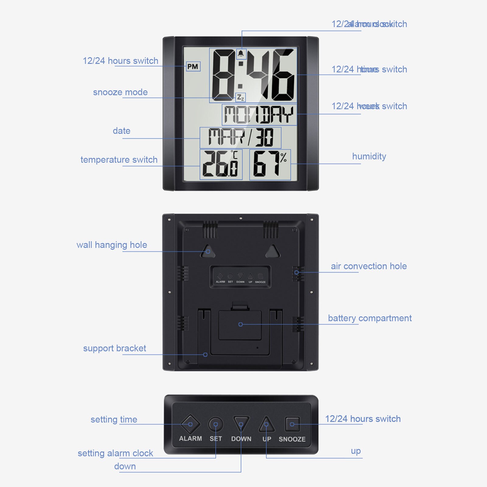 Digital Clock Temperature Humidity Meter Calendar Display Desktop Table Clock Mute Snooze Mode Alarm Clock Wall Clocks