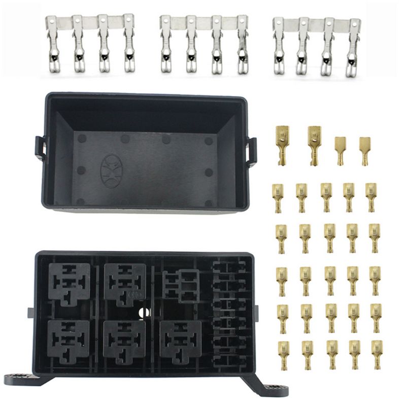 12-Slot Relay Box 6 Relays 6 ATC ATO Standard Fuses Holder Block 41pcs Metallic Pins Universal for Automotive and Marine Use