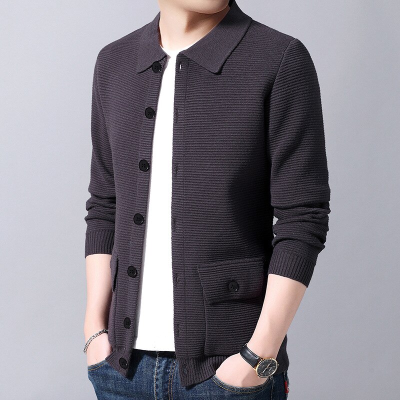 Veste en tricot 30% laine pour homme, pull-over, couleur unie, col rabattu, Cardigan, vêtement d&#39;extérieur, bonne: GRAY / M