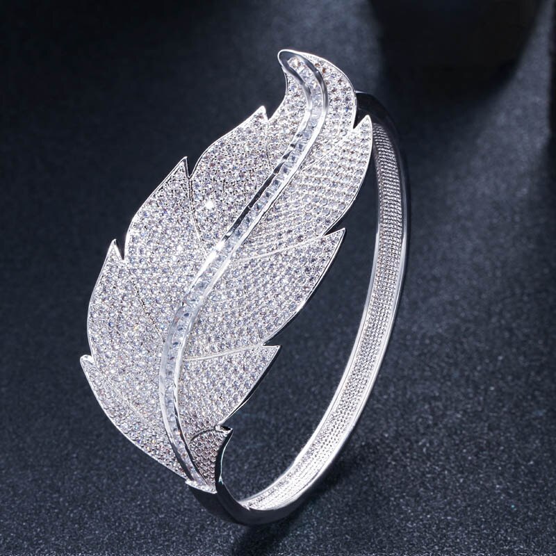 CWWZircons Luxury Brand Women Wedding Jewelry Cubic Zirconia Leaf Shape Big Wide African Dubai Rose Gold Open Bangles BG015: Silver