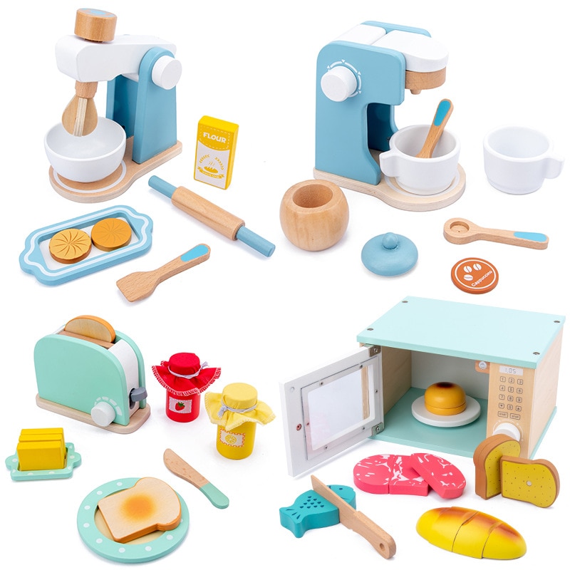 Kids Wooden Pretend Play Sets Simulation Toasters Bread Maker Coffee Machine Blender Baking Kit Game Mixer Kitchen Role Toys