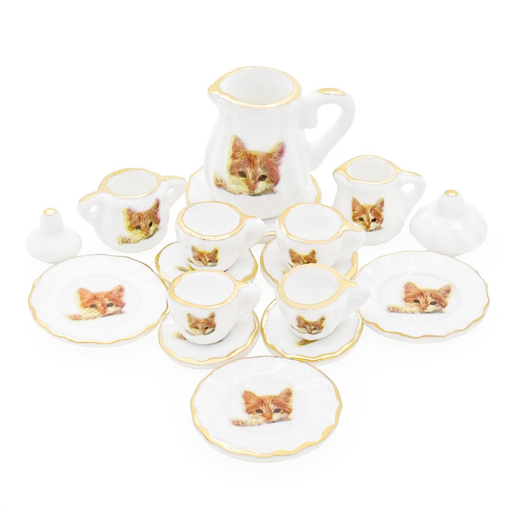 Odoria 1:12 Miniature 15pcs Porcelain Tea Cup Set Chintz Flower Tableware Kitchen Dollhouse Accessories Decor ( 14 Patterns ): Lovely Cat