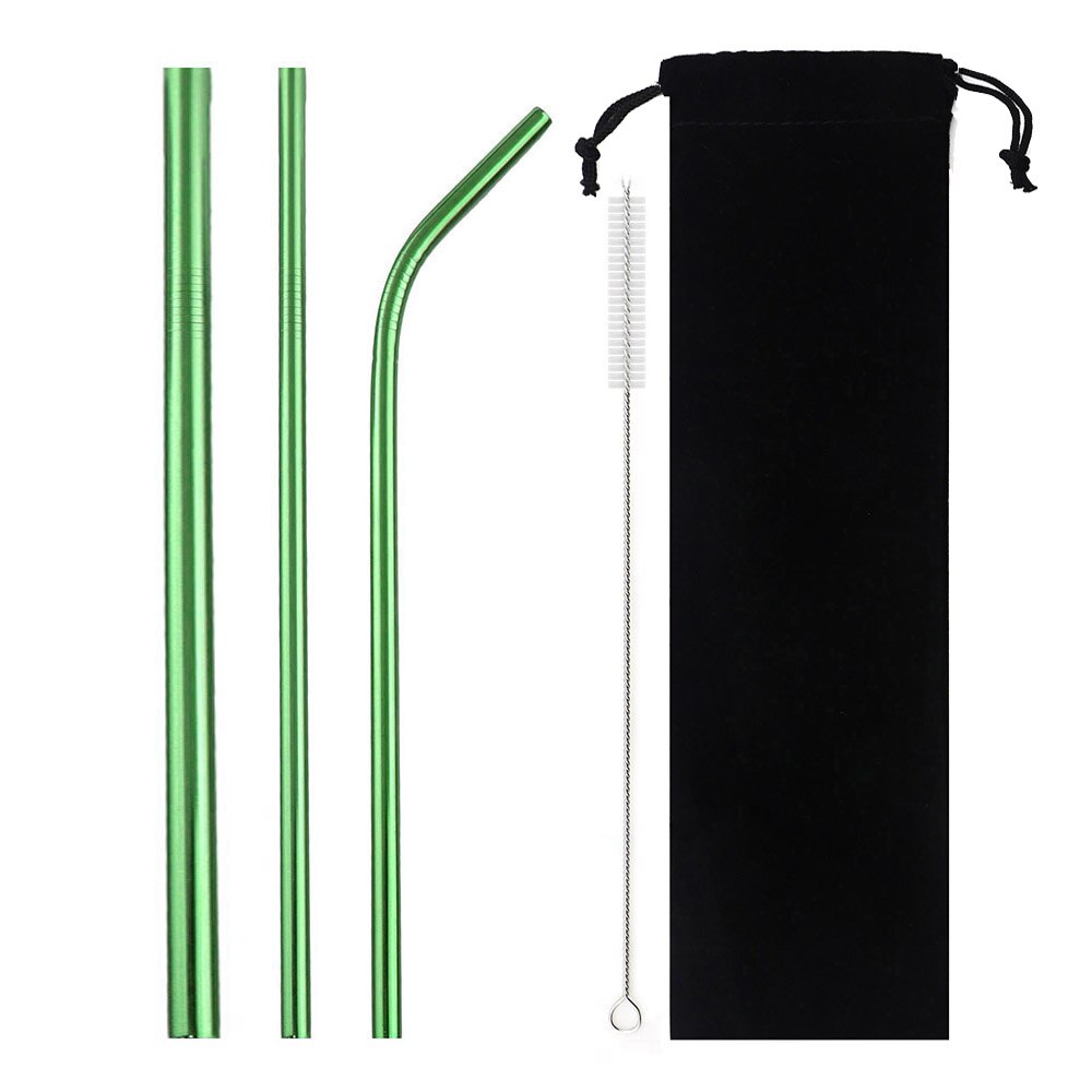 5-Pcs Metal Reusable Straw Colorful Pink Eco-Friendly Drinking Straws Set 304 Stainless Steel Straw Set with Brush Pouch Bag: Green