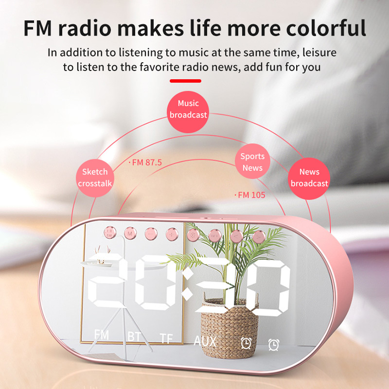 Alarm Clock Wireless Speaker Mirror Display FM Radio Mini Portable Noise Reduction Microphone Subwoofer Stereo Speaker