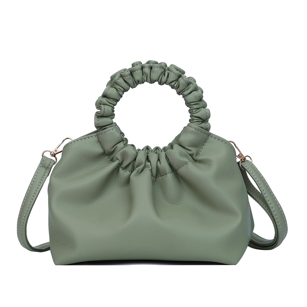 Mulheres Cor Pure bolsa de Ombro Mensageiro Sacos de Couro PU Alça Redonda Plissada Casual Crossbody Bolsas Bolsas Feminina Shopping Bag: green