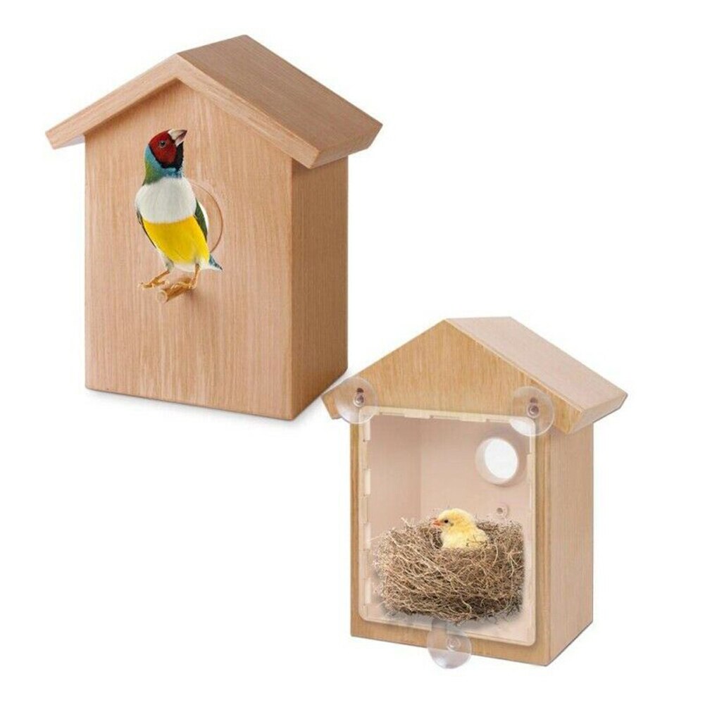 Wooden Outdoor Garden Bird Feeding House Window Suction Cups Birdhouse Nest