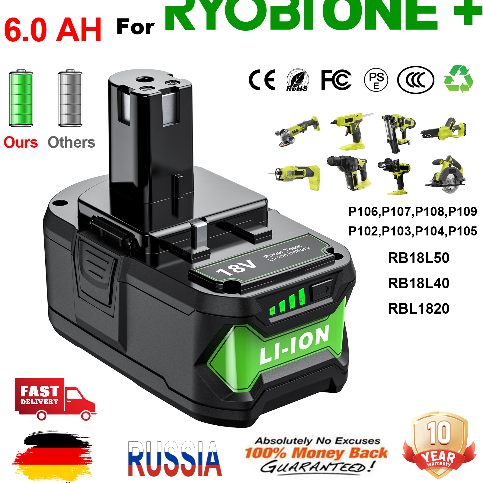 Voor Roybi P108 Batterij 6000mAh Met 6A Dual Charger Vervangende Batterij Voor Roybi 18V EEN Systeem P102 P103 P104 P105 P107 P109