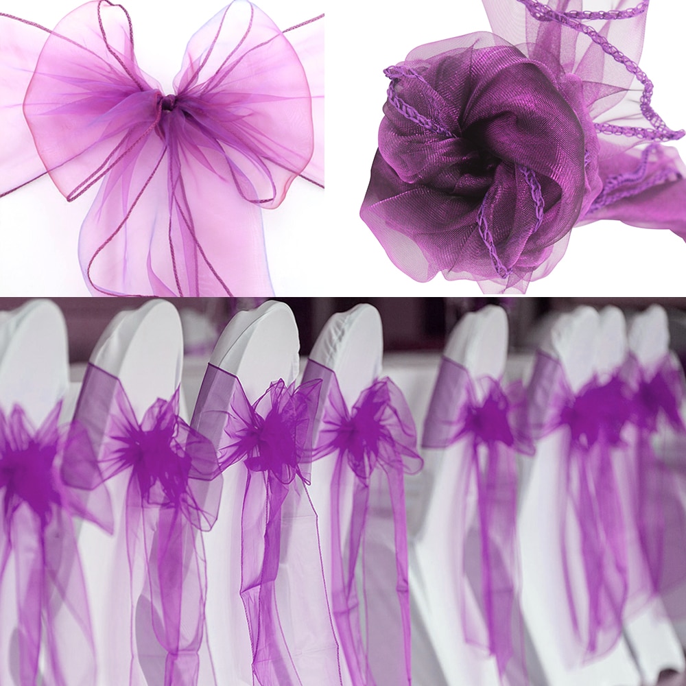 50 st/lot skirt band organza bröllopsdekorationer stol skärp skärp knut stolsöverdrag rosett band slipsar stolar dekoration tillbehör