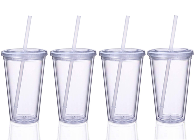 16oz/22oz återanvändbara rese-iskaffe muggar dubbelvägg isolerande klara plastglas med lock och sugrör 1 st ,3 st ,12 st/set: 22oz / 4- pack