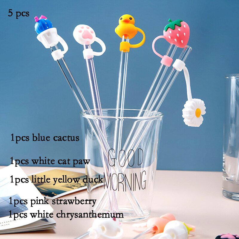 Bouchon de paille en Silicone, capuchon anti-poussière, tasse à boire réutilisable, accessoires de paille en verre, bouchon de dessin animé, couvercle de tête d'aspiration, mignon universel: 5 PCS mixed pack