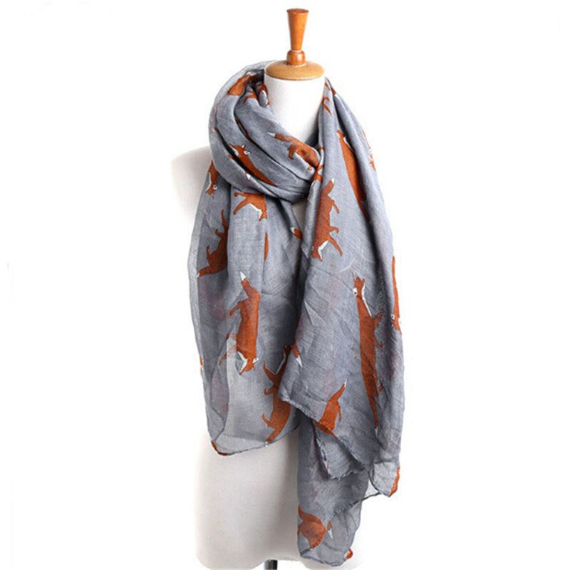 YGYEEG Women Fox Scarf Voile Girl Long Cute Fox Print Scarf Wraps Shawl Soft Scarves Female Cute Tippet Foulard Cachecol Shawl: Grey Big pattern