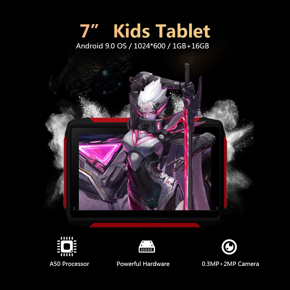 7 inch Kids Tablet Android 9.0 OS Learning Tablet 1024*600 Resolution 1GB+16GB Storage WiFi/BT Connection Black US Plug