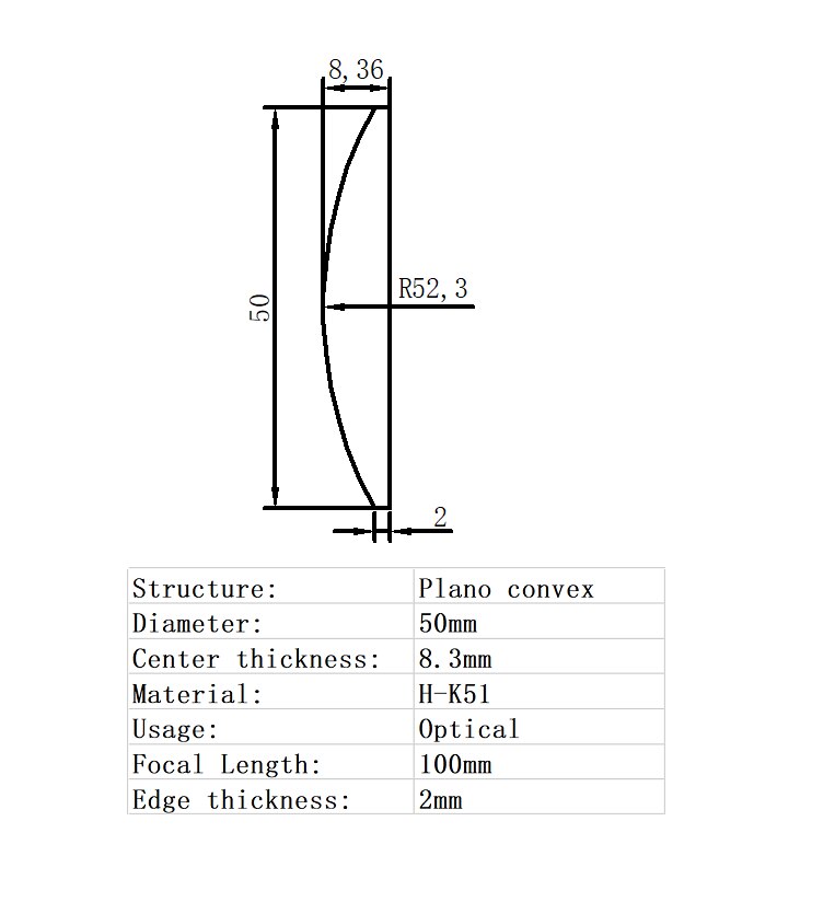 Plano Convex Lens Diameter 50mm Focal Length 100mm H-K51 Glass Lens Optical Glass Optical Lens