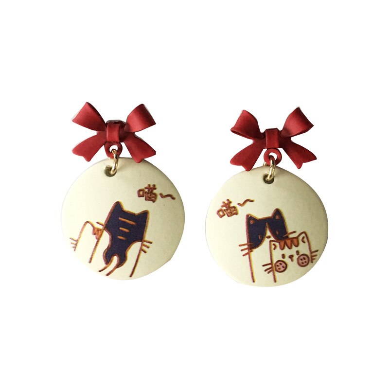 Boucles d'oreilles à Clip de Style japonais, chaton, sans trou, à la , peint en rouge, chat mignon, sans Piercing