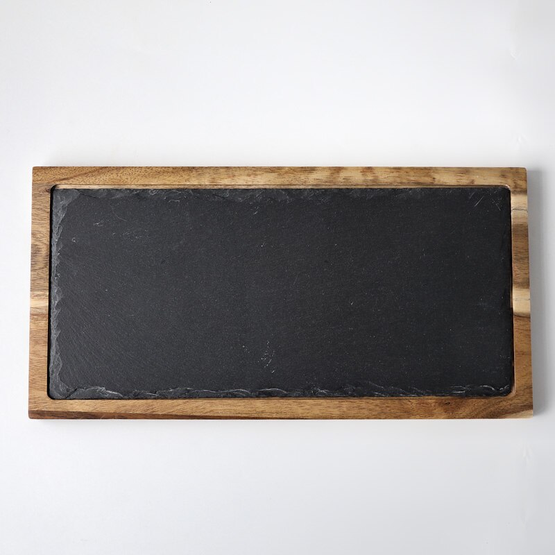 Muzity naturlig skiferplade rektangel bøf middagsplade med træbakke køkkenret: Rektangel med bakke