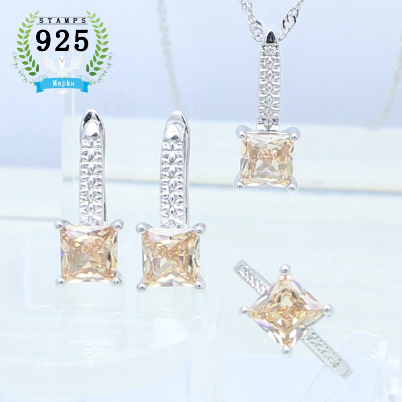 Mujer pendientes anillo colgante collar 925 joyería de plata cuadrado granate piedra roja conjunto de joyas accesorios de boda: Champagne