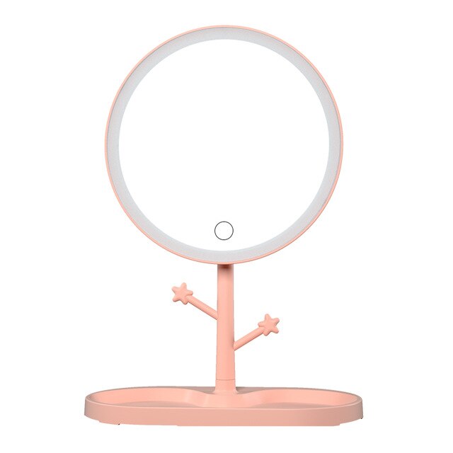 Miroir de maquillage à LED avec lampe de maquillage pour femme légère avec miroir rotatif de bureau de stockage miroirs cosmétiques de forme ronde: Rose