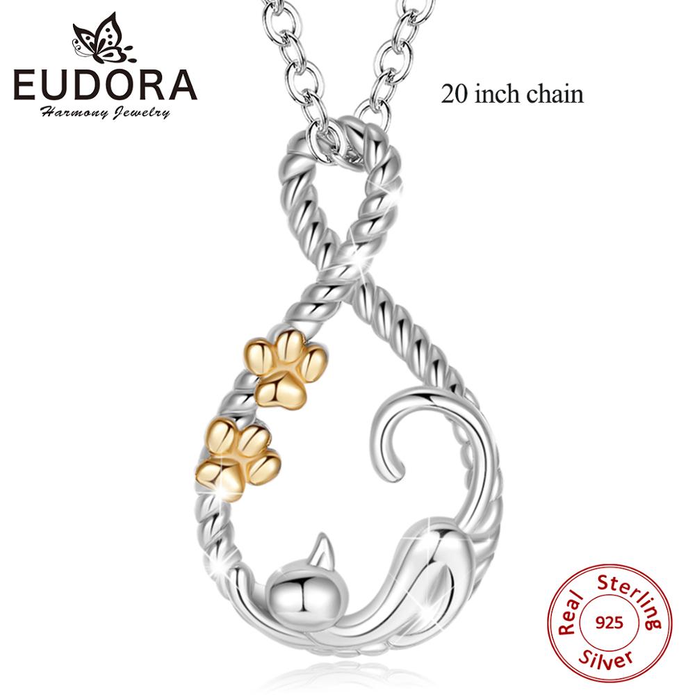 Eudora Sterling Zilveren Slapen Kat Hanger Ketting Goud Kat Voetafdrukken Ketting Dier Sieraden Voor Lady Girl Met Doos D187: 20 inch chain