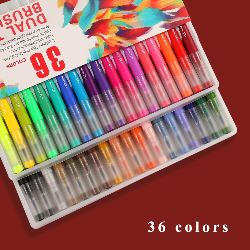 100 Stks/doos Dubbele Kop Tekening Aquarel Pen Set Student Kleur Borstel Schets Pen 0.4Mm Haak Lijn Pen Art levert: 36 colors