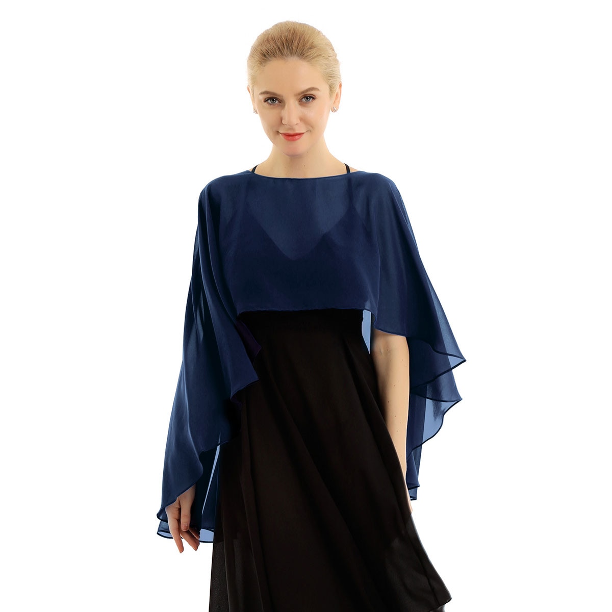 Damer bryllup brudekapper bolero shrug chiffon ensfarget genser langt sjal sjal kveldsfest brudepikekjole cover-up: Himmelblå