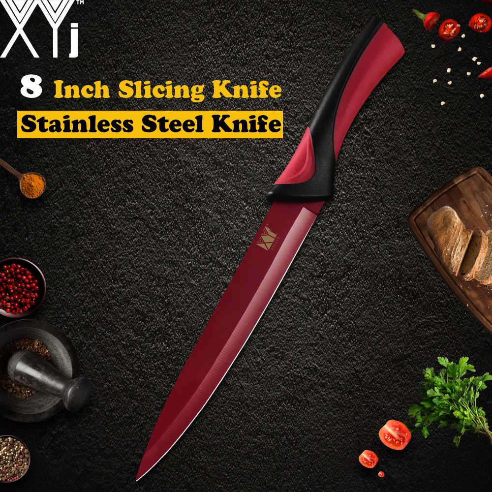Xyj 6 stk rustfritt stål knivsett 8 '' 7 '' 5 '' 3.5 '' fargerikt skarpt tynt blad komfortabelt håndtak kniver matlaging kjøkken dingser: D .8 skjærekniv