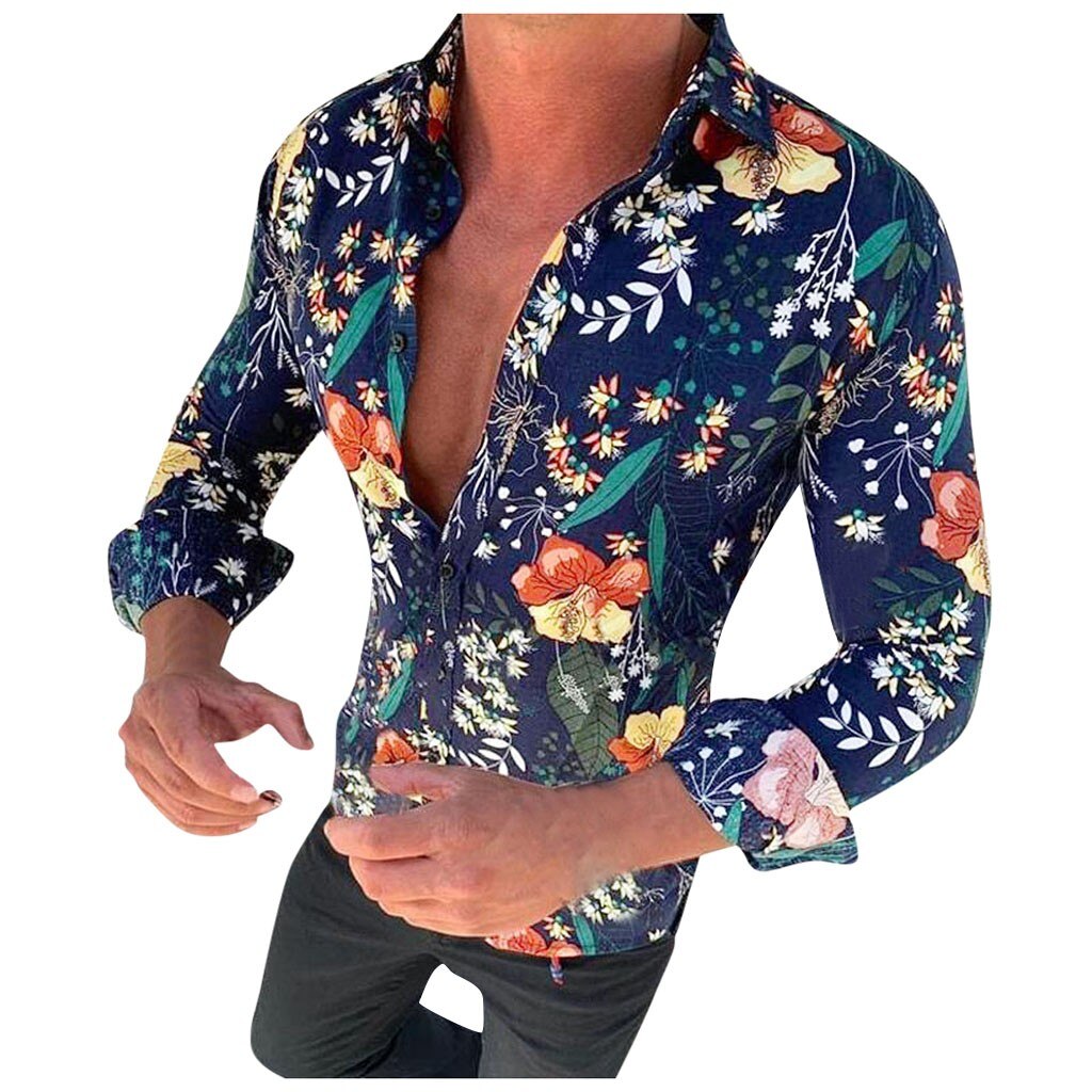 chemise à fleurs pour hommes à manches longues chemise décontracté Rose fleur 3d imprimé col rabattu chemise ajustée pour hommes vêtements: Navy  / XXL