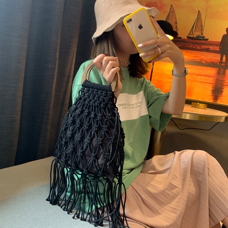 Vevd veske tre bærbar hule bomull tau dusk strand bag ferie nett veske strikket håndveske