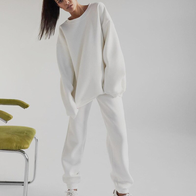 Chándal de lana de dos piezas para mujer, sudadera de gran tamaño, pantalones de Color sólido, trajes informales de otoño e invierno