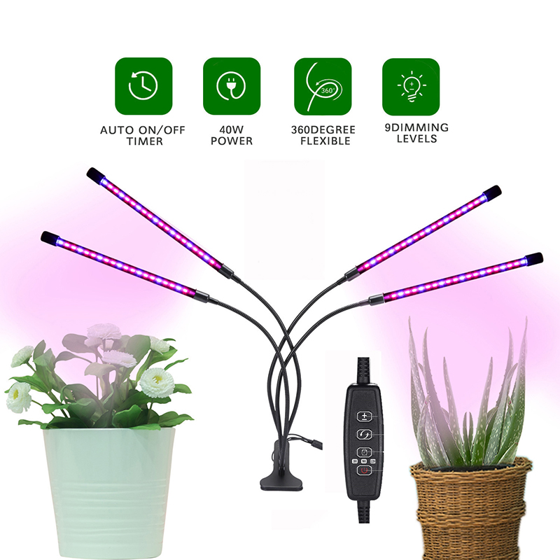 Luz LED de cultivo de plantas con 1/2/3/4 cabezales, luz de planta con Clip, conmutación de 3 colores de luz, atenuación temporizable USB, lámpara de cultivo de espectro completo
