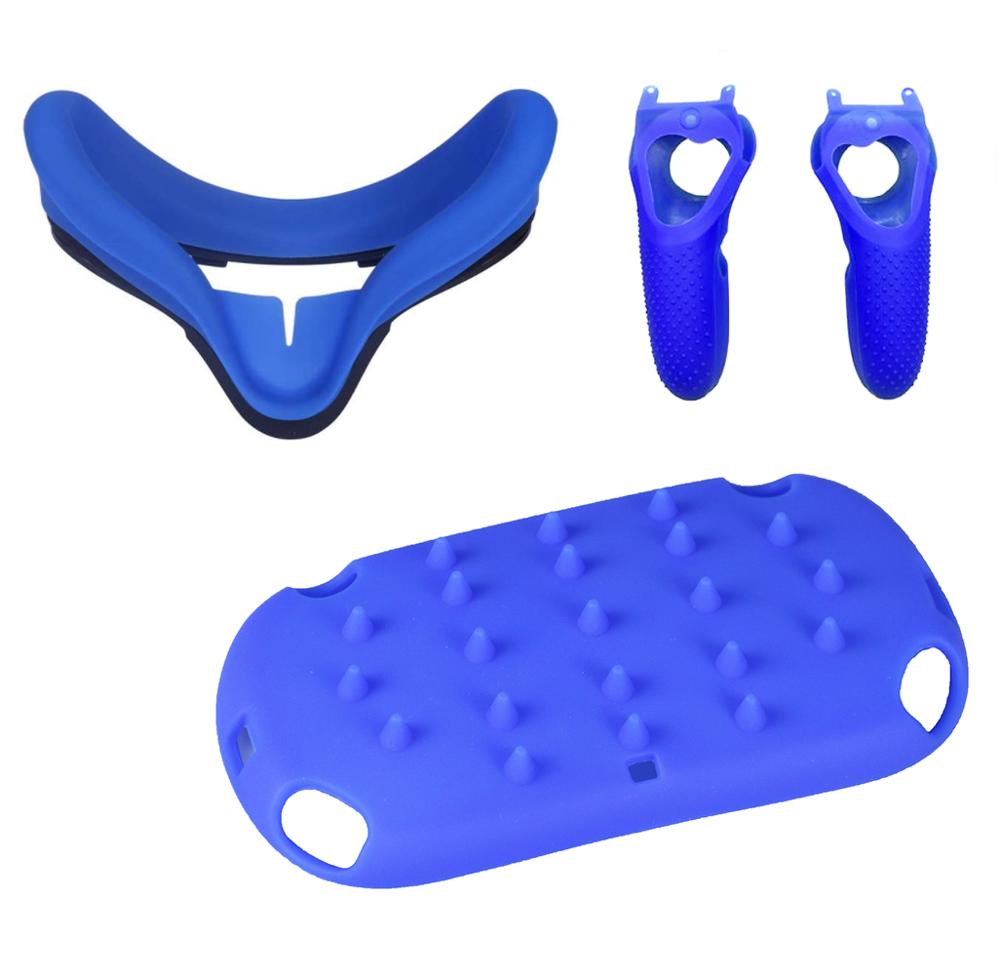 Neueste Silikon Schutzhülle Kopf Abdeckung Auge Gesicht Maske Pad Shell haut für Oculus Quest VR Gläser Controller Grip Abdeckung Sweatproof: 4-piece set Blue