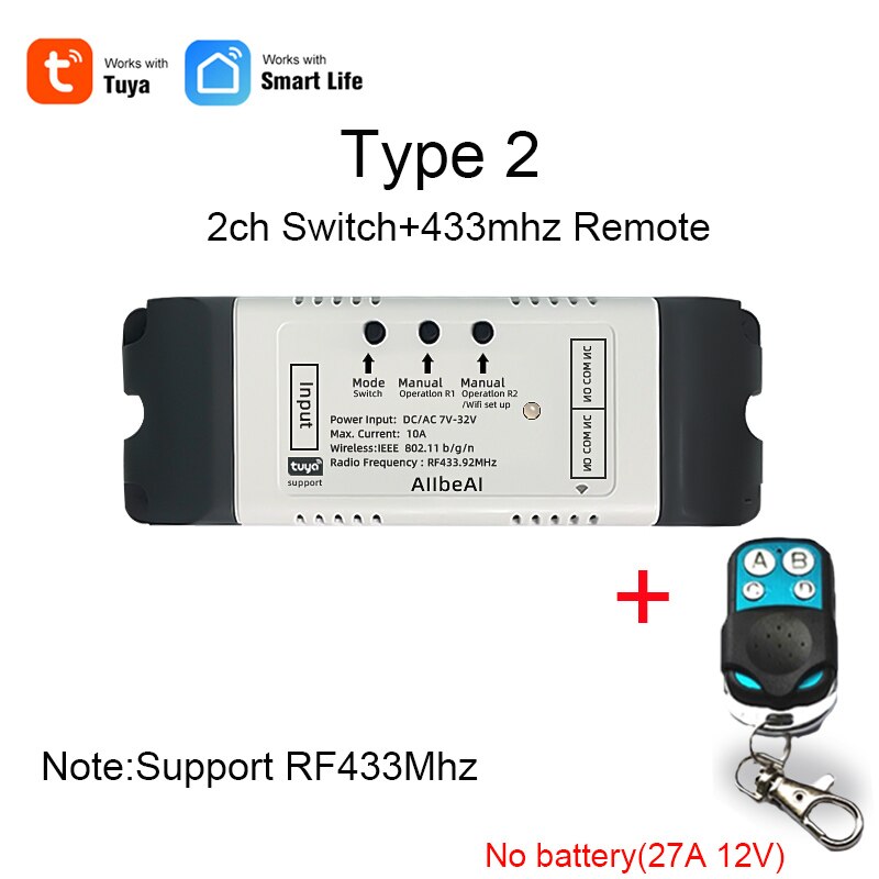 2CH Tuya Wireless Switch,WiFi Switch Module,Smart life APP,Remote Control,DIY Smart Home,2Gang Relay,work with Alexa Google Home: Type 2