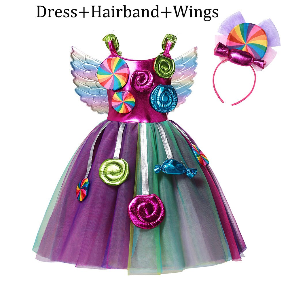 Sweet Candy Girl Clothes Summer Kids Carnival Frock Little Girl Birthday Fancy Rainbow Tutu Dress with Hairband Child Party Gown: Candy Dress B Set / M(5-6T)