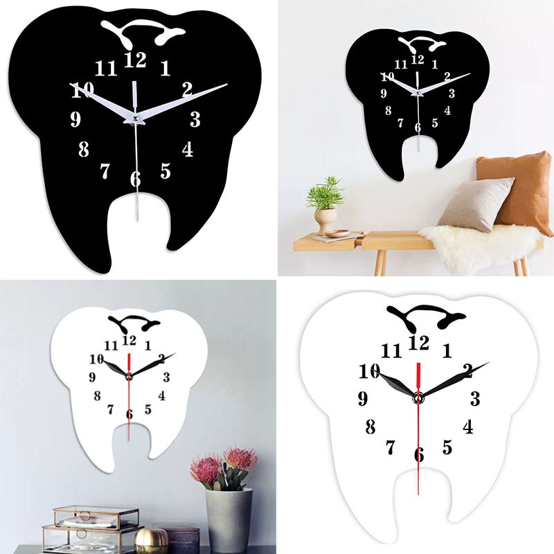 Timelike 2 Pcs Tooth-Shaped Wall Clock Dental Ornament Wall Clock 3D Acrylic Mirror Wall Sticker Home Decor ,