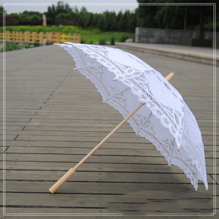 Elegante Kant Paraplu Katoen Borduren Ivoor Battenburg Kanten Parasol Paraplu Bruiloft Paraplu