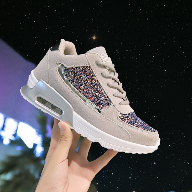 Dam dam wedges sneakers paljetter shake skor tjejer sportskor dam sneakers kvinna sneakers skor svart sko