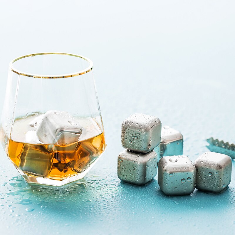 4 Stainless Steel Reusable Ice Cubes Chilling Stones with Tongs & Freezer Storage Tray For Whiskey Wine Cola Best Man