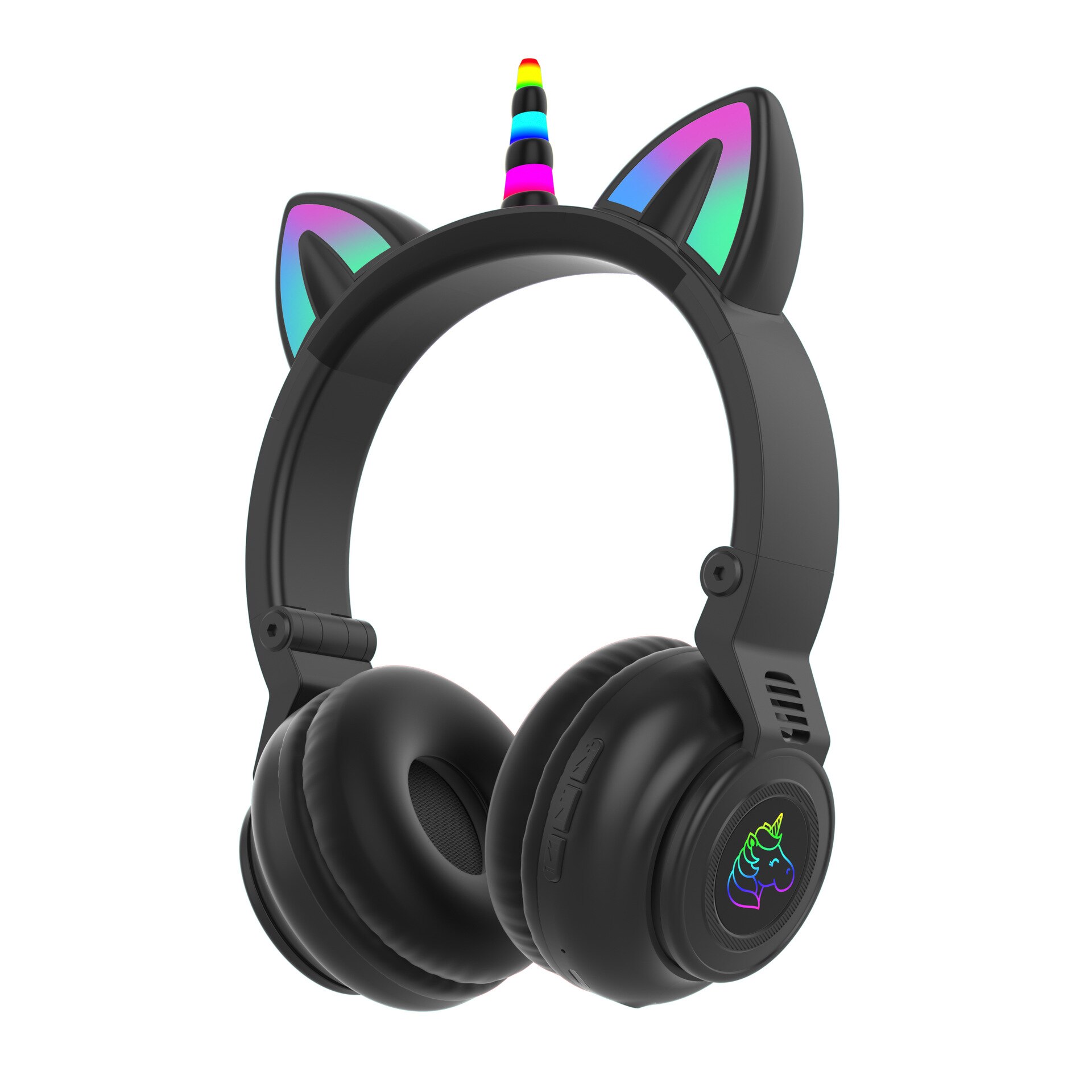 Söta enhörning trådlösa hörlurar med mikrofoner, styr rgb ljus barn tjejer musik stereo hjälm mobiltelefon headset: Svart
