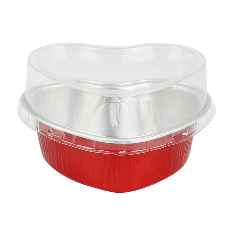 10Pcs Aluminum Foil Cake Pan Heart Shaped Cupcake Cup with Lids 3.4 Ounces Love Cake Cup Tin Foil Paper Cup Oven Cupcake Tool